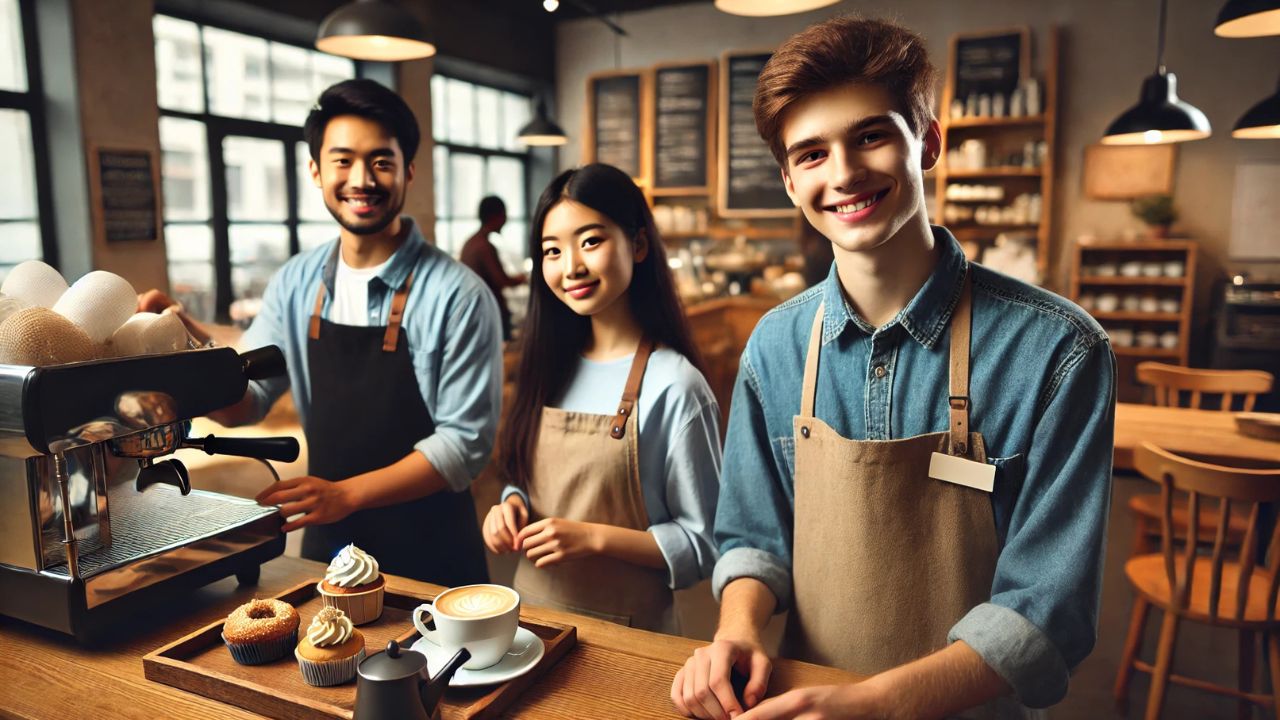 若い外国人男性と他２名がカフェで働いている